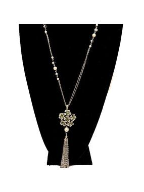 WHITE HOUSE BLACK MARKET | Silver & Crystal Long Flower Tassel Necklace | NWT